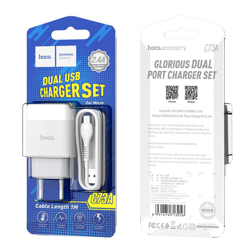 Bộ Sạc Dual USB Hoco C73/C73A  Micro USB 2.4A - Bộ Cốc Cáp Sạc - BH 12 Tháng