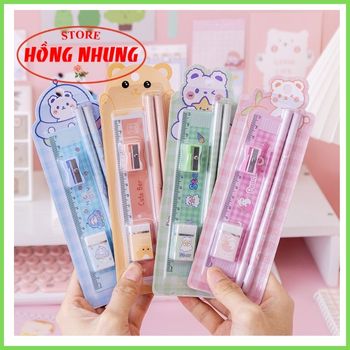 [ Sale Lớn] Bộ Combo Học Tập Xinh Xắn ( 2 Bút Chì, 1 Cục Gôm, 1 Thước, 1 Đồ Chuốt)