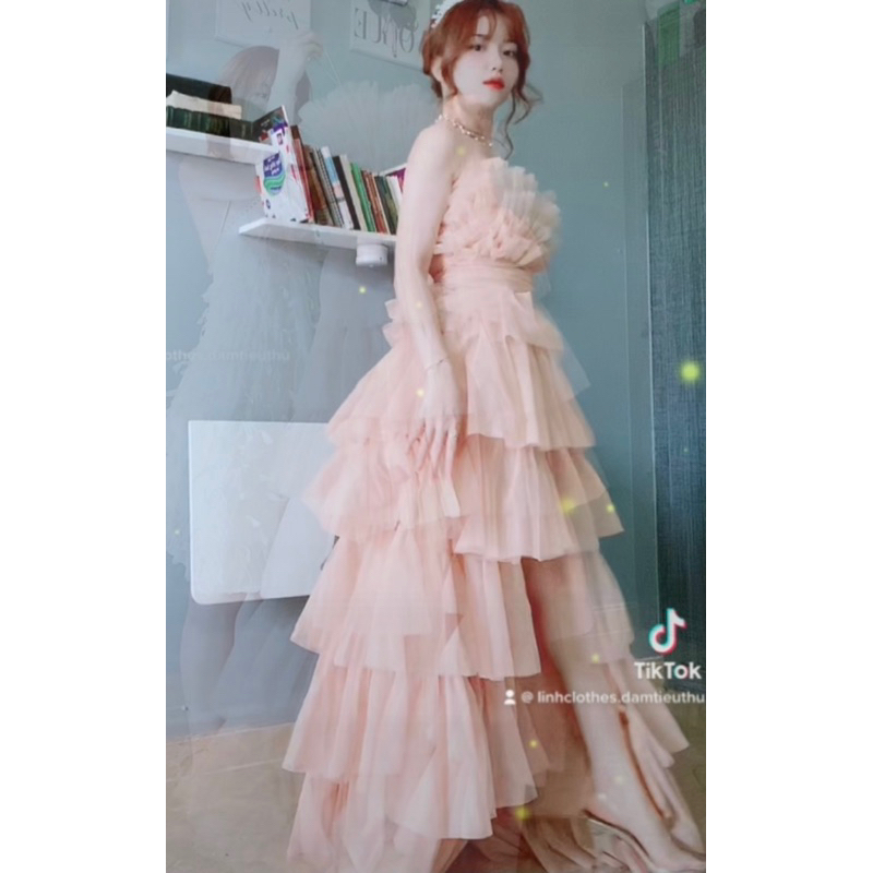 Đầm dự tiệc mặc đám cưới cô dâu đi bàn váy tầng cúp ngực đuôi tôm - Wedding dress