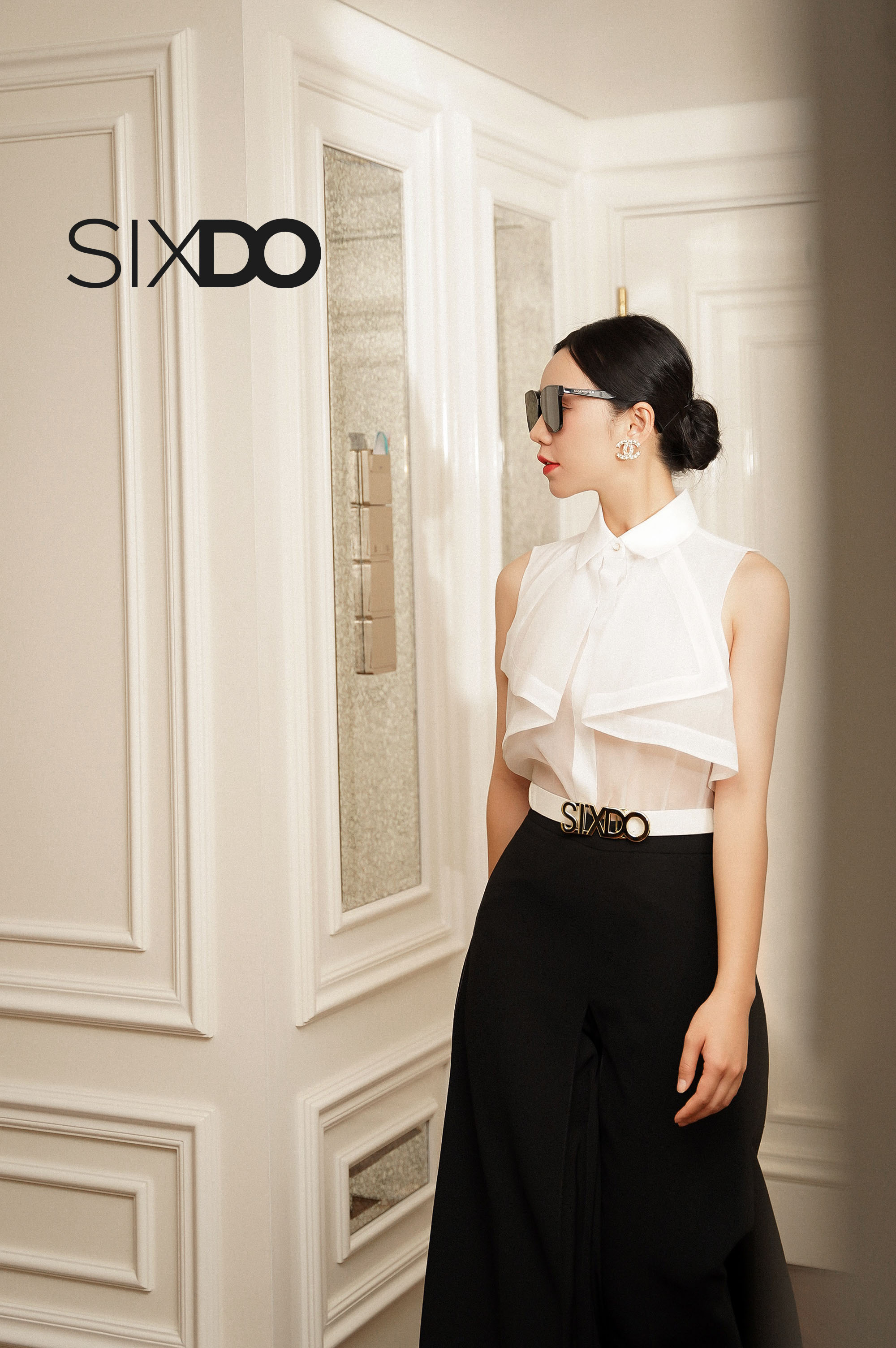 Áo sơ mi nữ tơ oganza sát nách SIXDO
