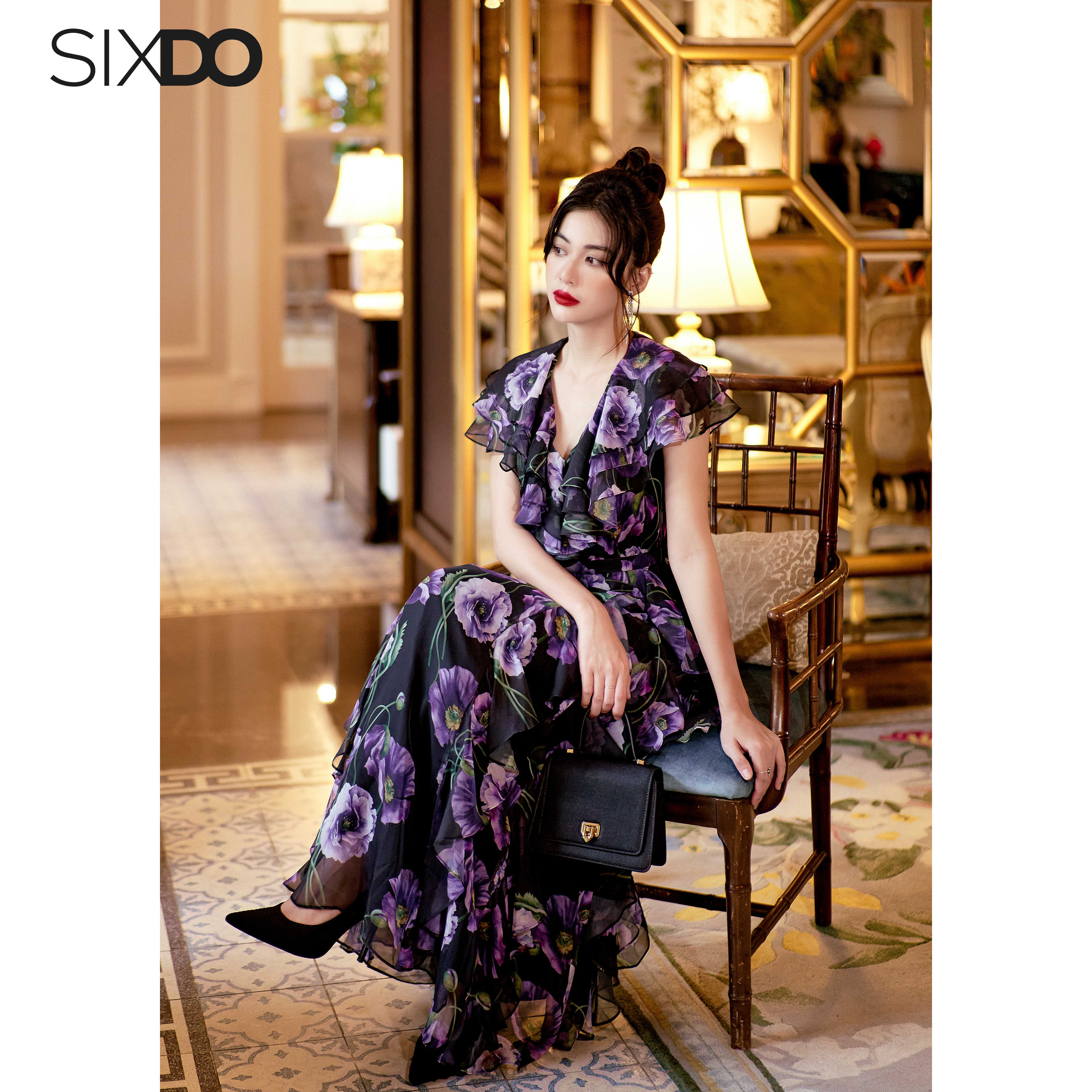 Đầm voan hoa poppy phối bèo cổ V SIXDO (Black Poppy Midi Voile Dress)