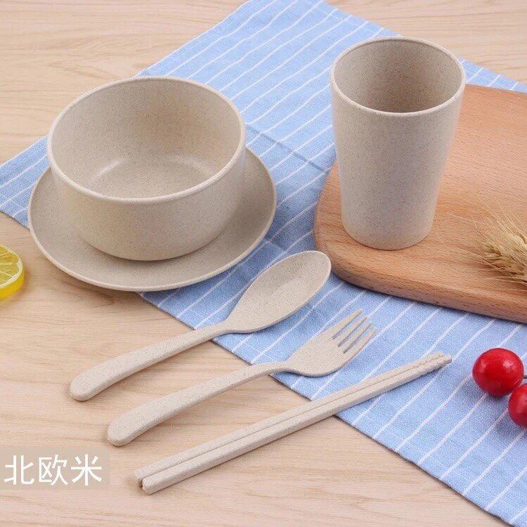 Combo 5 món Ly, chén, dĩa, đũa, muỗng, nĩa bằng lúa mạch (Giao màu ngẫu nhiên)
