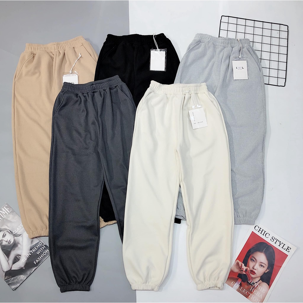 Quần jogger nữ ống rộng bo gấu chất nỉ nhung tăm dày dặn
