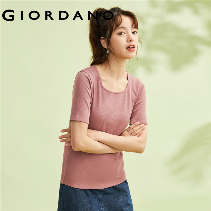 Giordano áo thun nữ cổ hình vuông tay ngăn kẻ sọc ôm body đơn sắcdệt kim Free Shipping 13323207