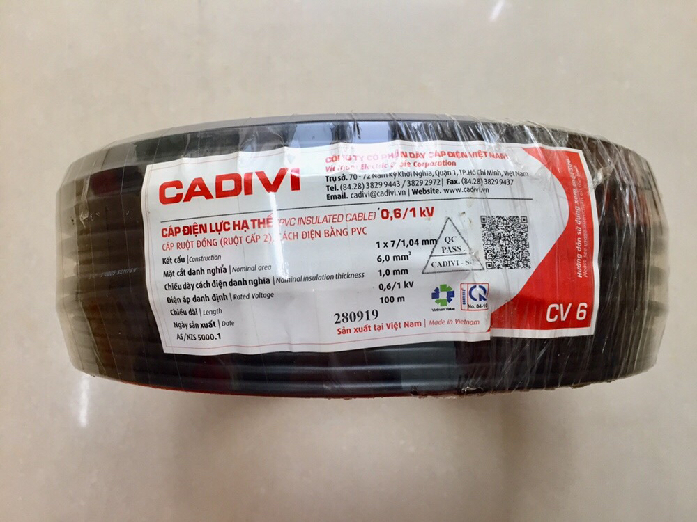 Dây cáp điện đơn CV 6.0 CADIVI. Cuộn 100 m