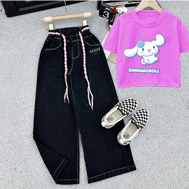 Bộ dồ jean cho bé gái ống rộng kèm áo thun croptop đẹp cho bé gái 15kg-40kg họa tiết cinamorol