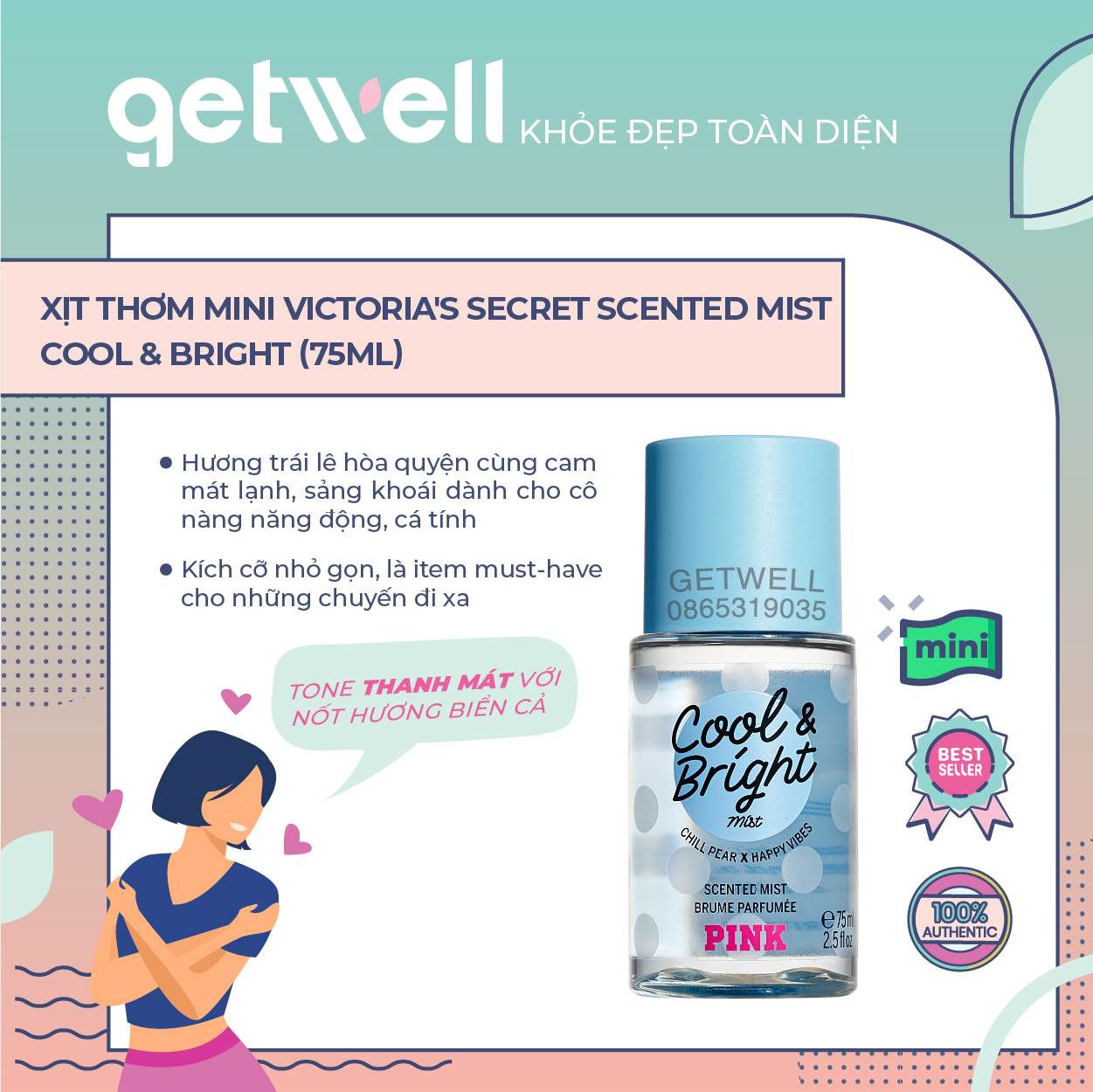 [HCM]Xịt thơm mini Victorias Secret scented Mist Cool & Bright (75ml)