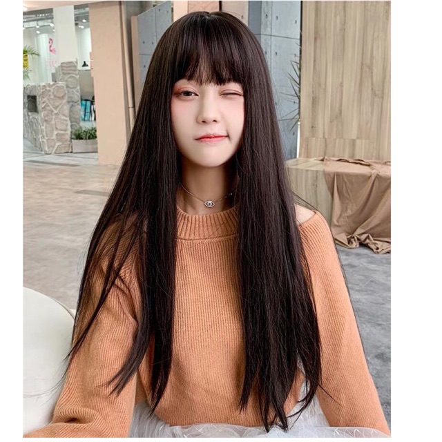 Tóc giả đẹp Tóc giả nguyên đầu thẳng 60cm tặng lưới trùm
