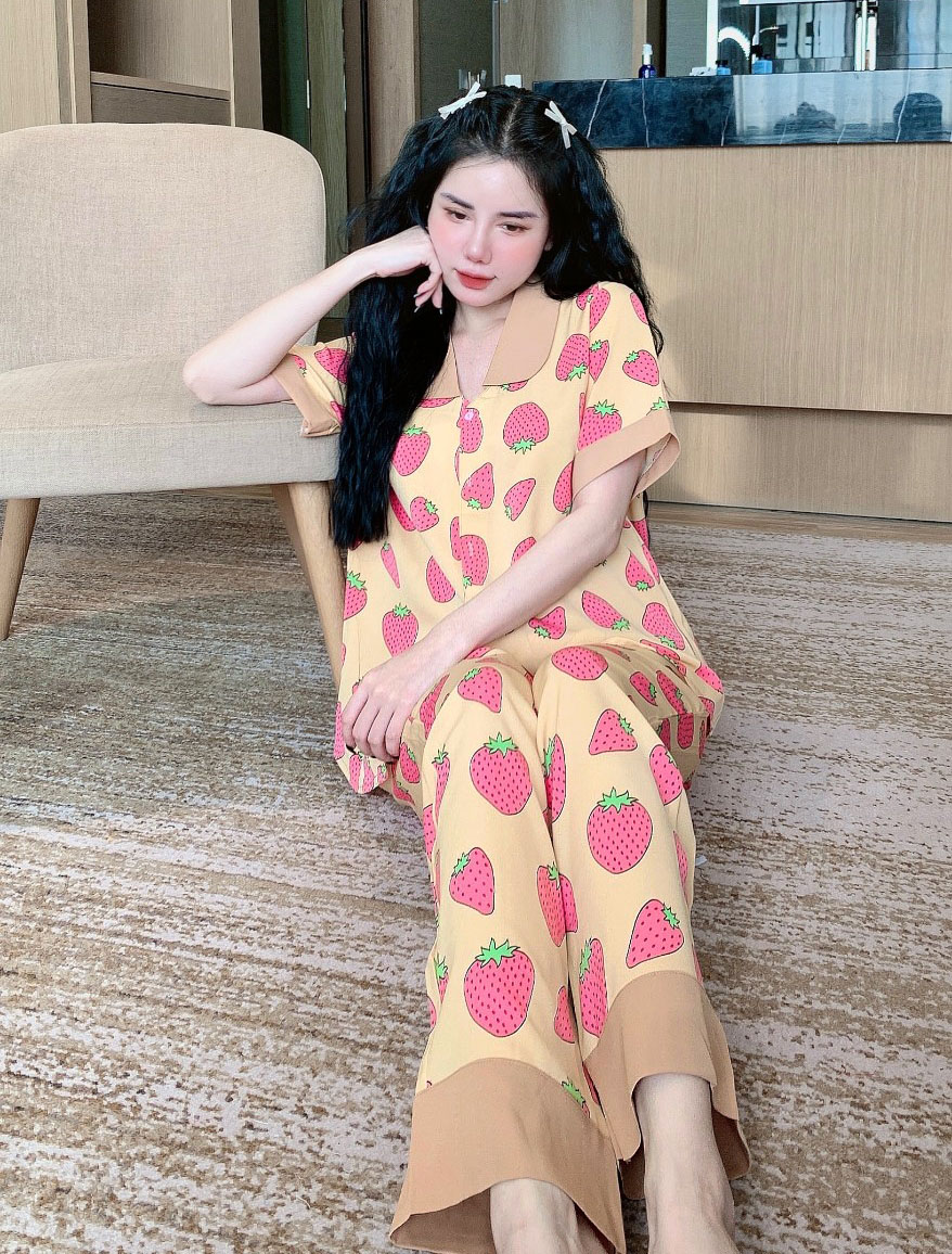 Đồ bộ mặc nhà cổ phối tay ngắn quần dài, pizama nữ lụa mango Nhà Suri