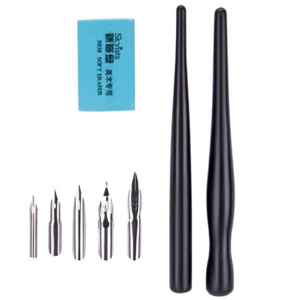 Bộ bút sắt (chấm mực) Skyists 2 thân đen kèm 5 ngòi