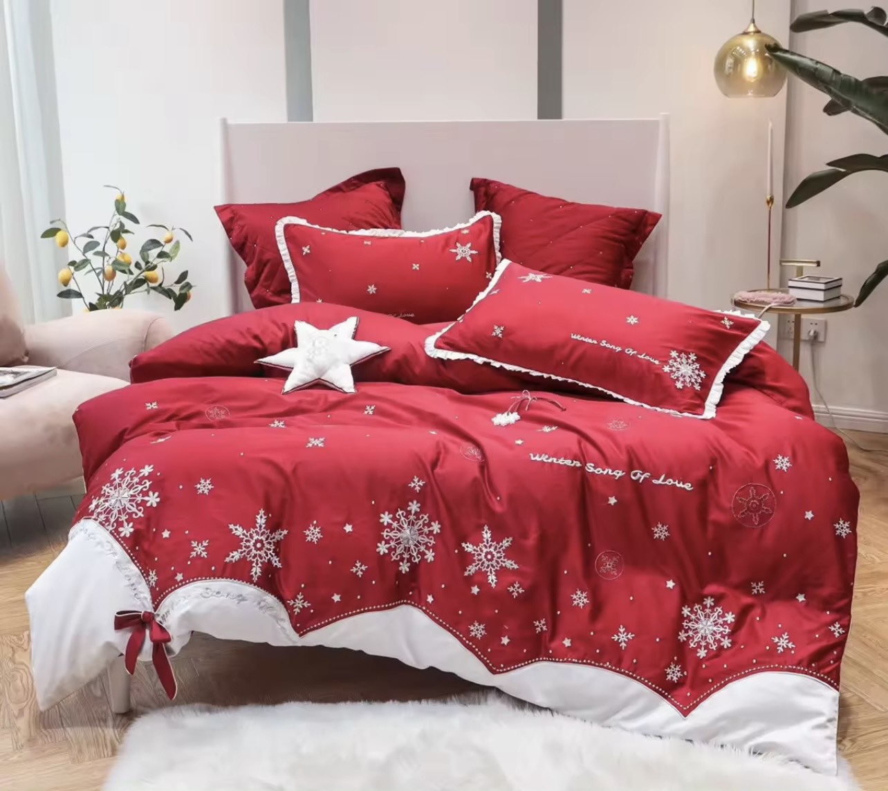 Set 6 món chăn ga gối lụa cưới- lụa sateen 600tc thêu cao cấp nhập khẩu nguyên bộ