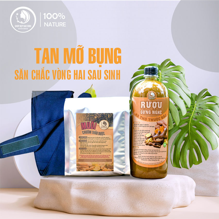 Combo đai quấn muối gừng thảo dược sau sinh (cốt gừng nghệ hạ thổ giảm eo, 1kg muối thảo dược, 1đai quấn)