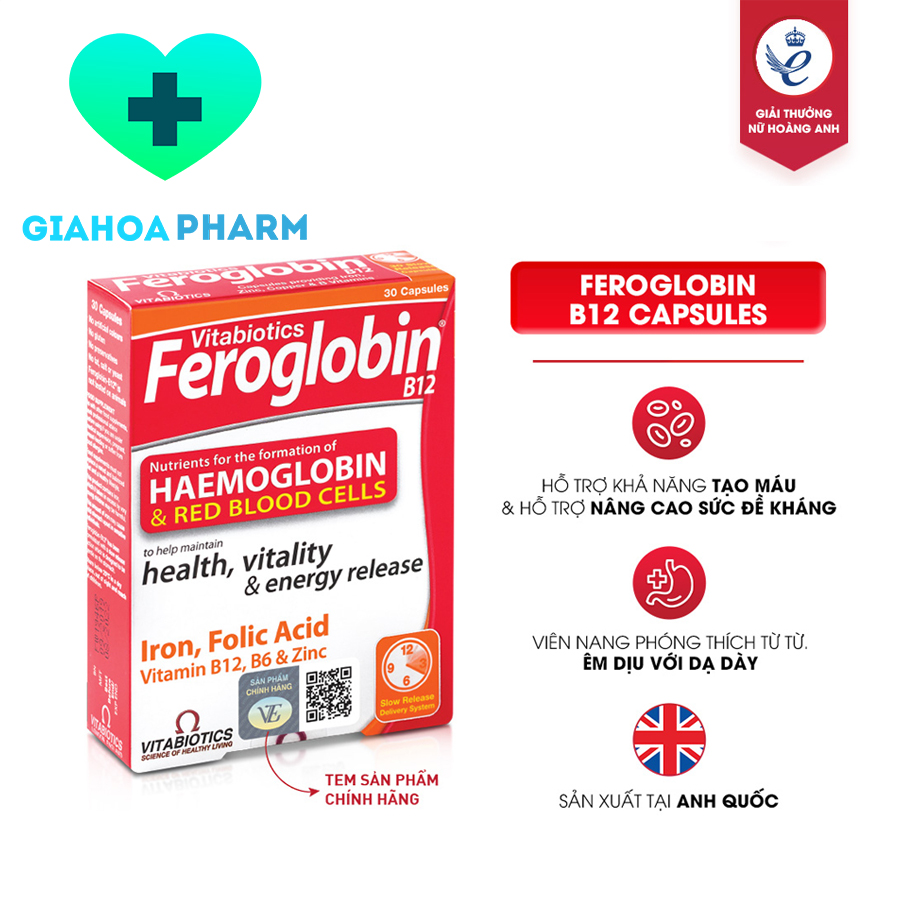 Viên uống bổ máu Vitabiotics Feroglobin B12 bổ sung sắt, tăng tạo máu, tăng sức đề kháng
