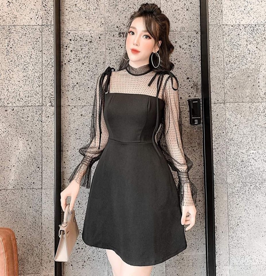 Đầm Dự Tiệc Trắng Phối Tay Lưới