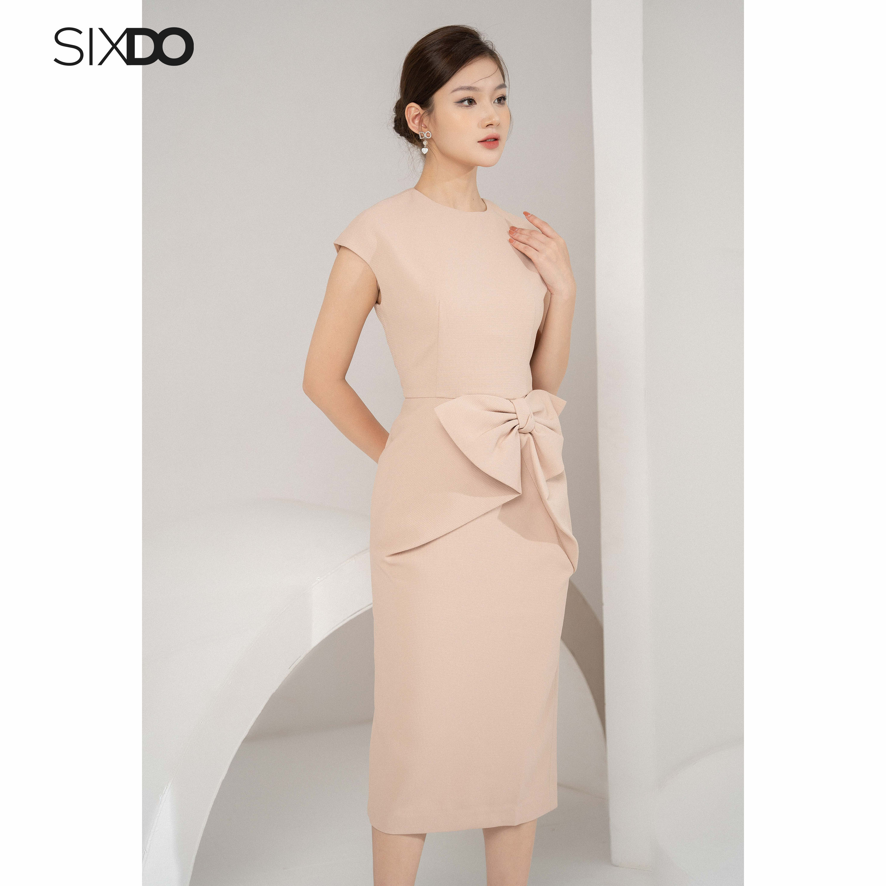 Đầm be dáng bút chì cổ tròn phối nơ eo SIXDO (Beige Cap Sleeves Midi Raw Dress)