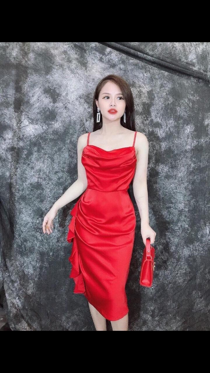 Đầm phi lụa cổ đỗ tà bèo - hàng thiết kế chuẩn shop