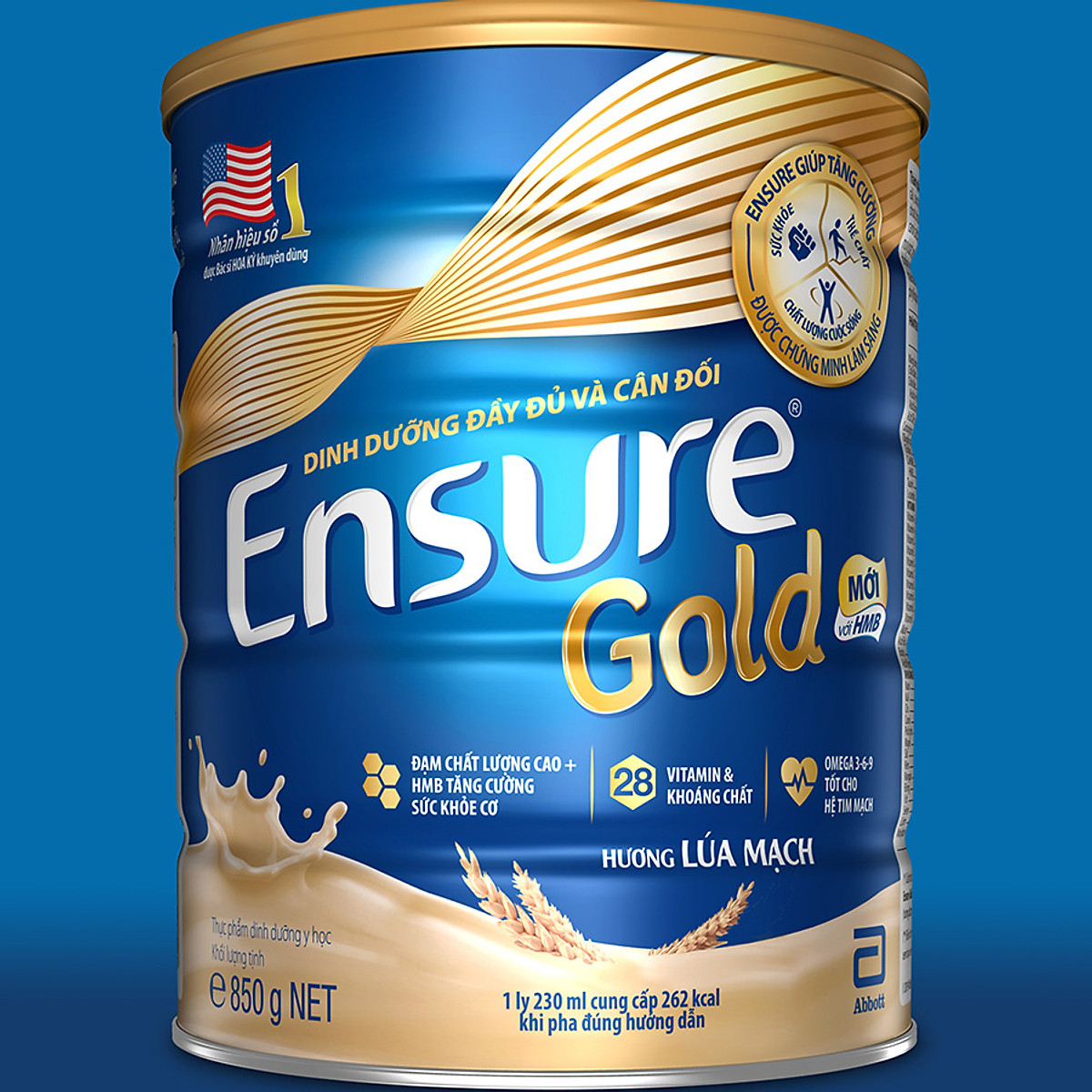 Sữa bột Abbott Ensure gold vani, ít ngọt, lúa mạch 850g