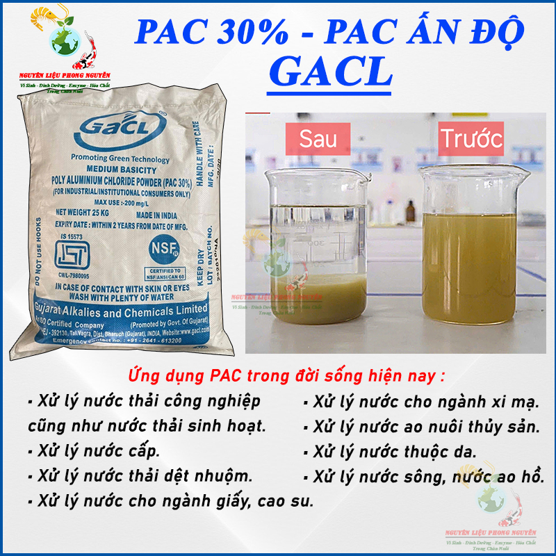 PAC 30% PAC trợ lắng, lắng cặn, lắng lơ lửng làm trong nước hồ bơi, nước ao hồ kênh rạch, PAC trắng Ấn Độ