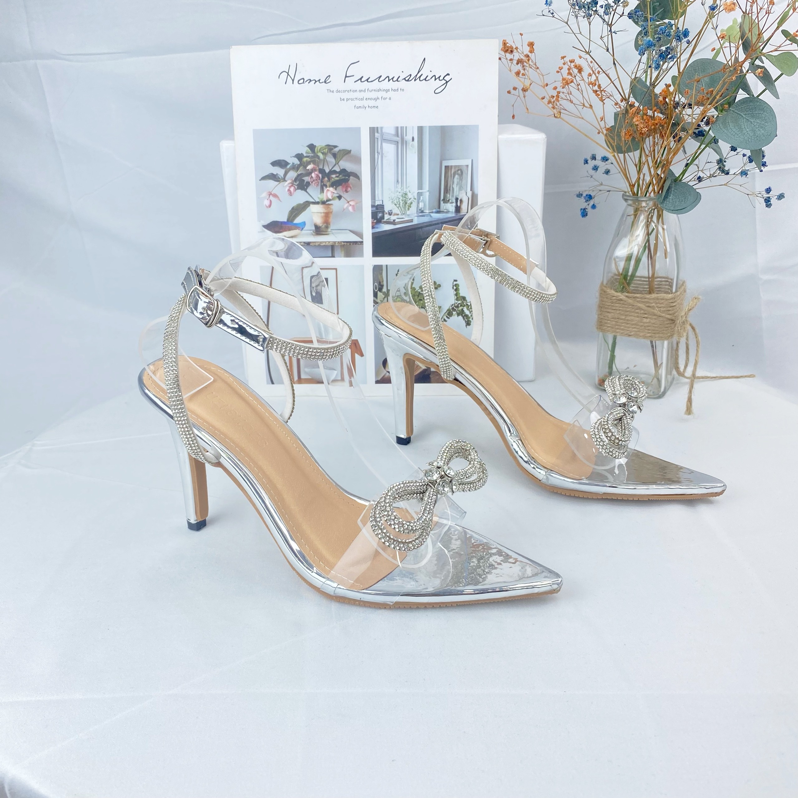 Sandal cao gót nữ mũi nhọn quai ngang mica đính nơ đá sang chảnh, giày cao gót nữ mũi nhọn gót nhọn cao 9p đi tiệc M35