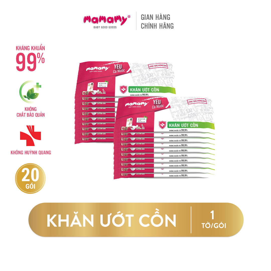 Pack 20 gói Khăn ướt cồn 1 tờ Mamamy