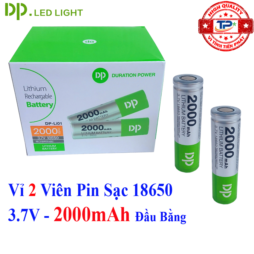 Vỉ 2 viên pin sạc 18650 3.7v 2000mah loại pin đầu bằng thương hiệu dp hàng chuẩn cao cấp