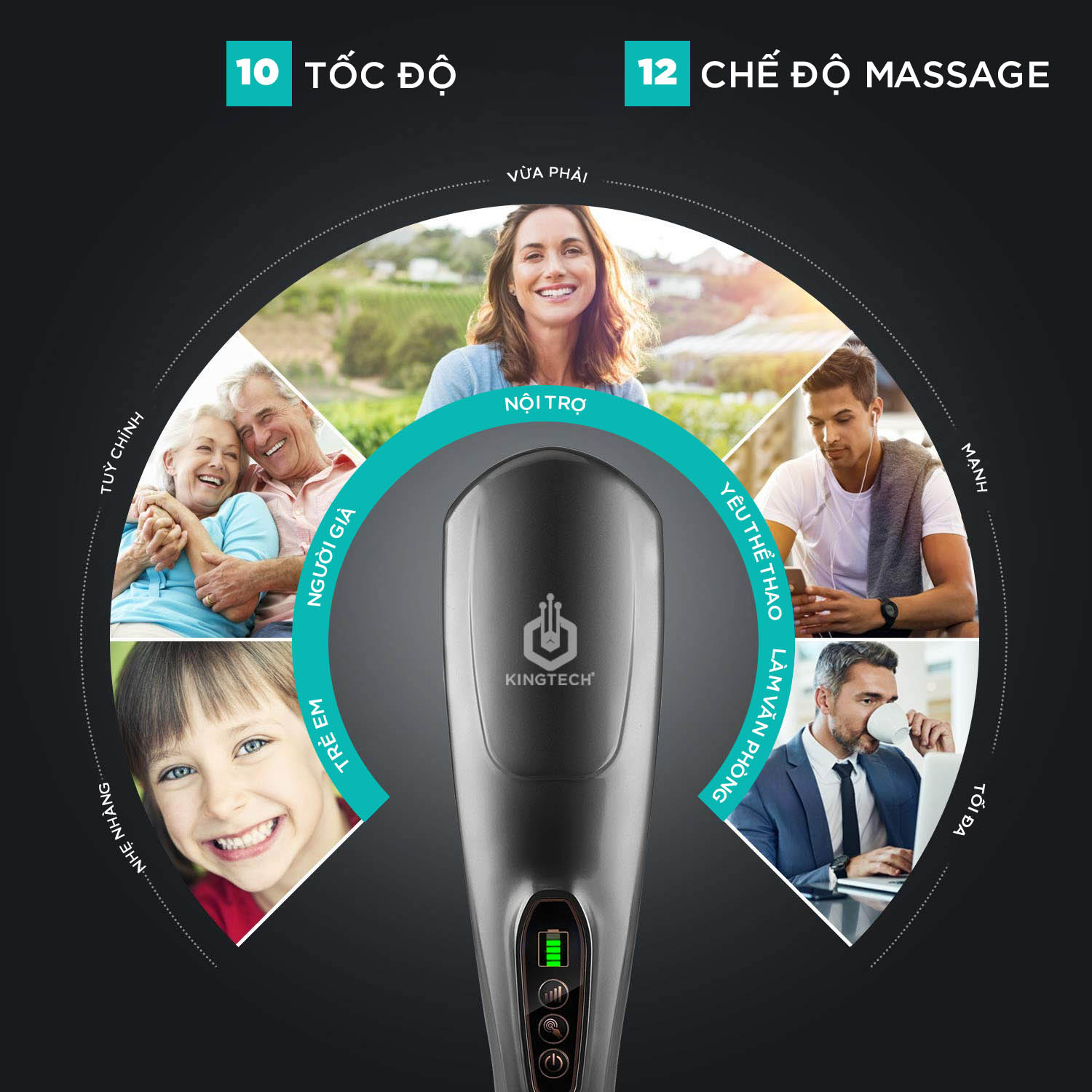 Máy Massage Cầm Tay Đa Năng Cao Cấp KINGTECH KT1768 - Máy Mát Xa Toàn Thân Không Dây - Chuyên Sâu Cho Cổ, Vai Gáy, Bụng, Lưng, Cánh Tay, Chân - Giảm Đau Mỏi Cho Dân Văn Phòng, Gymer, Người Già, Người Lao Động Nặng - Chính Hãng