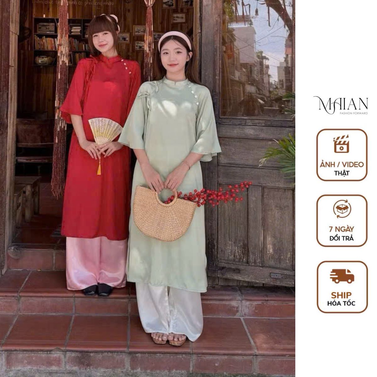 Áo dài lụa trơn phối nơ cách điệu S5048 áo đính cúc bọc dáng suông dễ mặc kèm quần nhiều màu mặc đi chơi lễ tết Maian