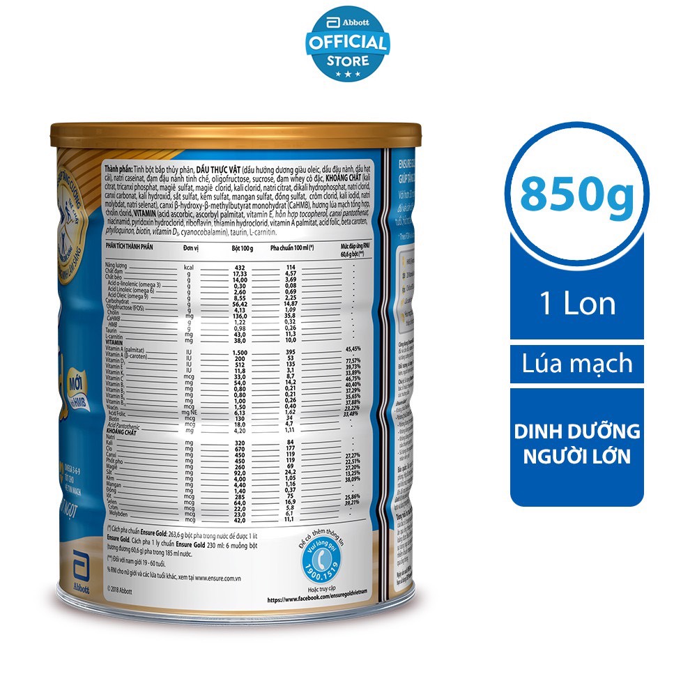 DATE Mới Sữa bột Ensure Gold hương lúa mạch 850gr