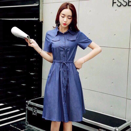 ĐẦM XOÈ CỔ SƠ MI EO DÂY RÚT THANH LỊCH CÔNG SỞ