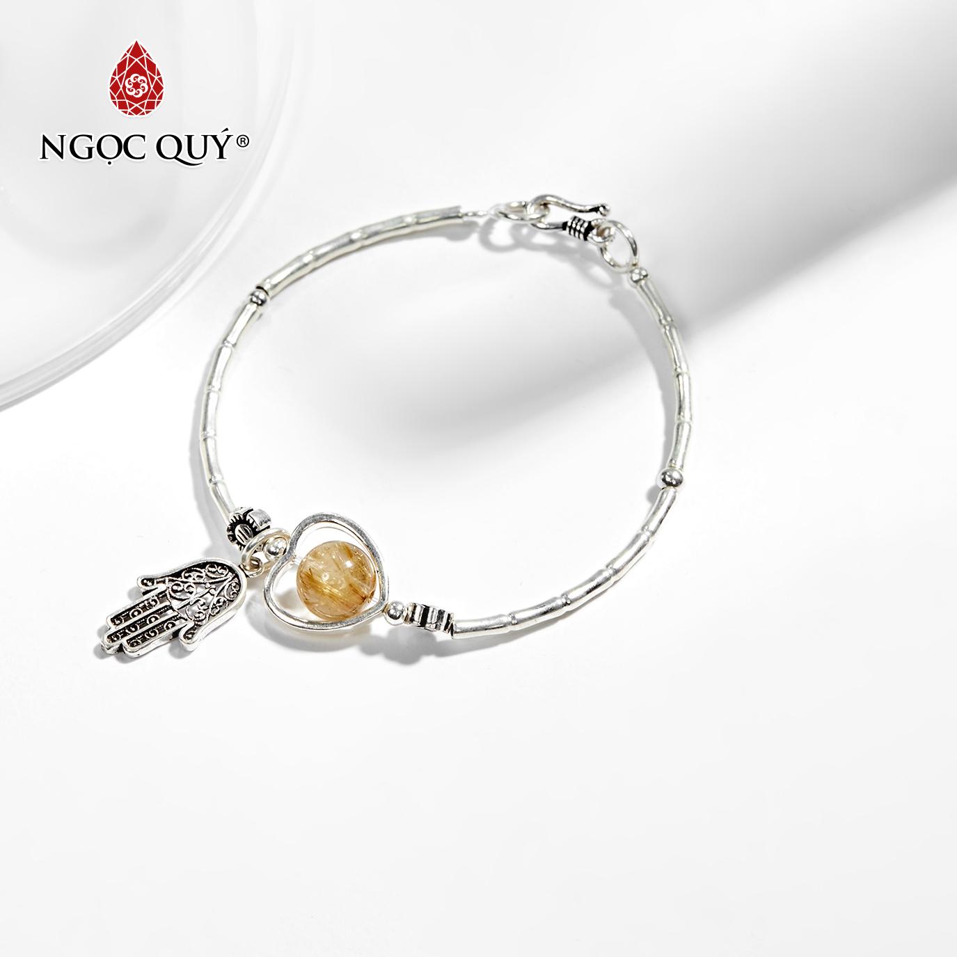 [HCM]Vòng bạc phong thủy 1 hạt đá thạch anh tóc vàng phối charm bàn tay hamsa 8mm mệnh thổ  kim - Ngọc Quý Gemstones