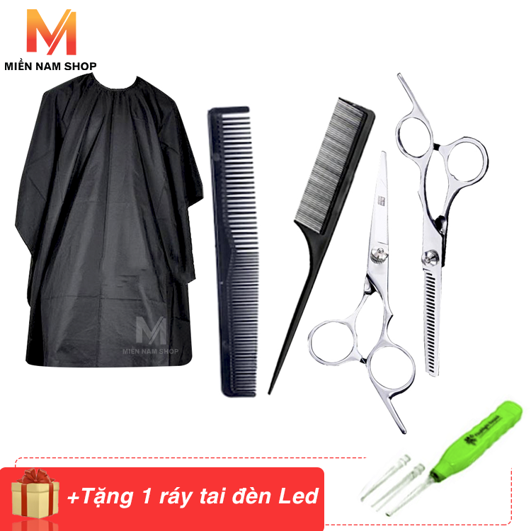Kéo cắt tóc và tỉa tóc tặng 2 cây lược áo choàng cắt tóc và ráy tai có đèn Led