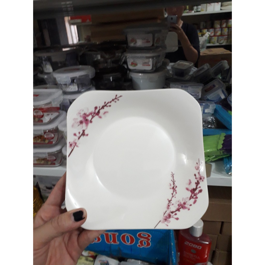 Đĩa sứ vuông sâu hoa đào 16,5cm