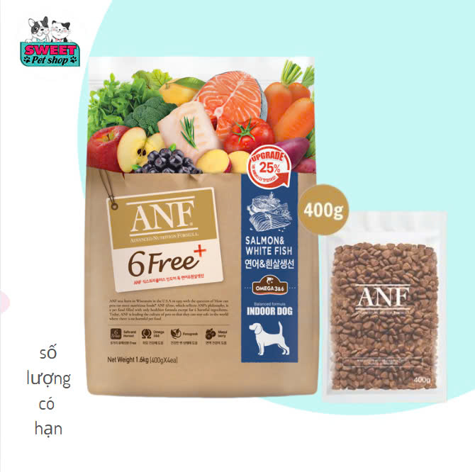 ANF 6Free Plus THỨC ĂN HẠT CHO CHÓ ANF 6FREE VỊ CÁ HỒI 1.6KG nhập khẩu Hàn Quốc