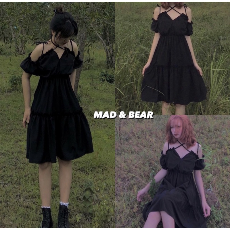 Đầm - váy angel đen 2 dây đen buộc nơ trễ vai
