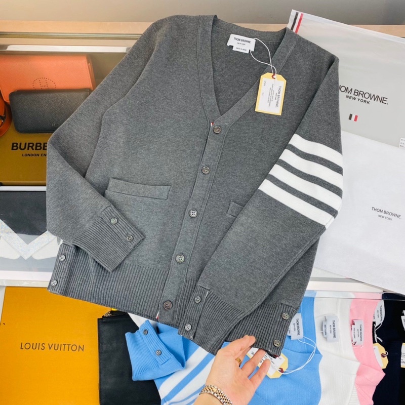 Áo Khoác Len Nam Kẻ Sọc Cổ Tim Hiệu T.h.o.m B.r.o.w.n.e