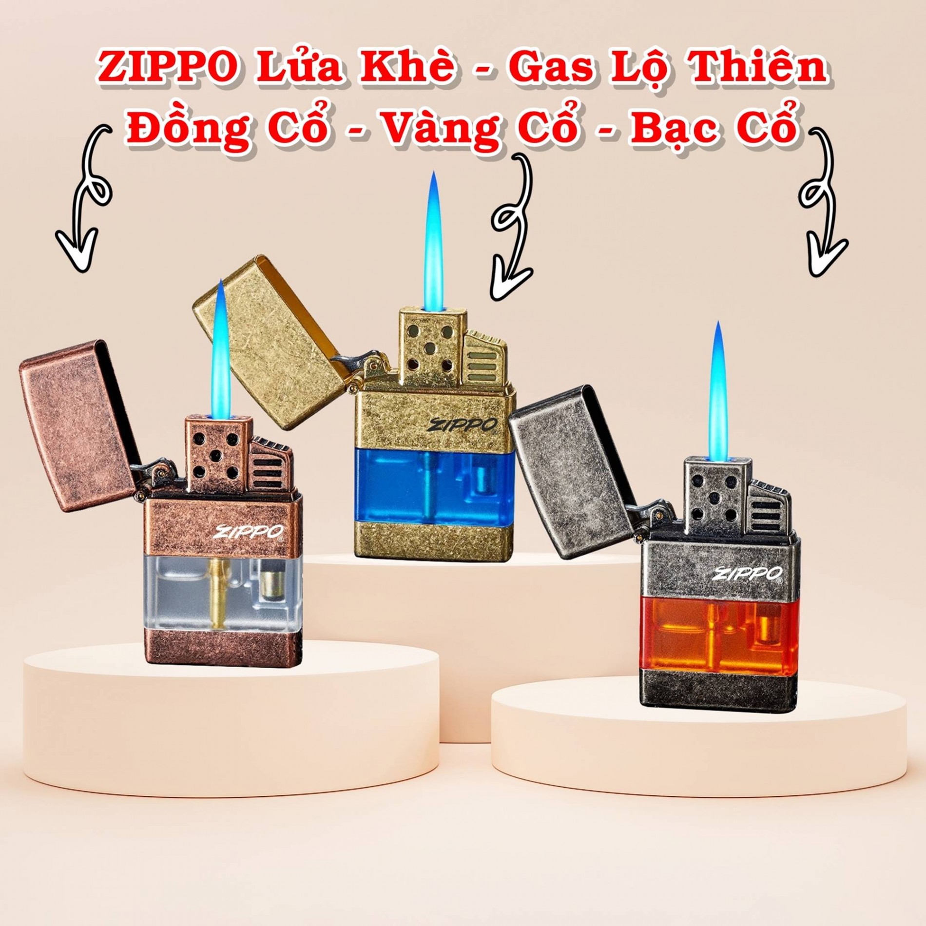 Bật lửa ziipo lửa khè - gas lộ thiên (đồng cổ, vàng cổ, bạc cổ) (có hộp) - (xài gas)
