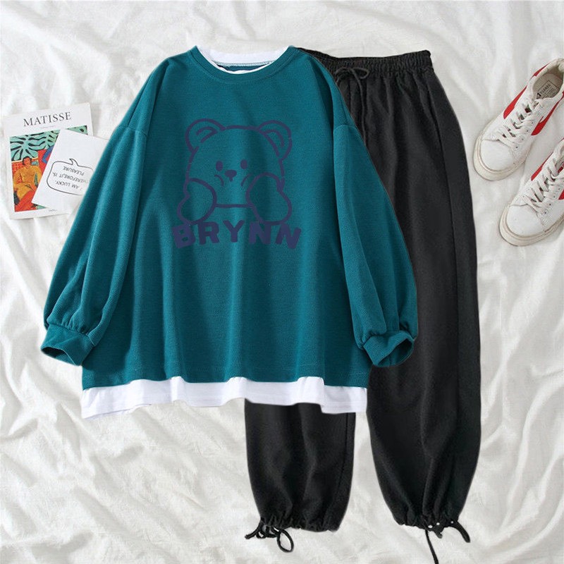 Quần áo nữ, set áo sweater gấu brynn kèm quần bom dây rút