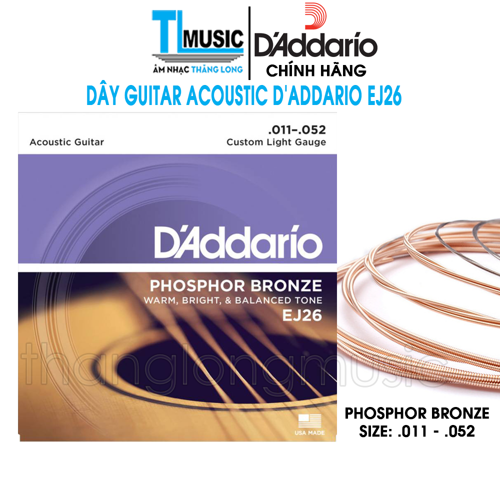 D'addario ej26 - dây đàn guitar acoustic phosphor bronze, custom light, 11-52