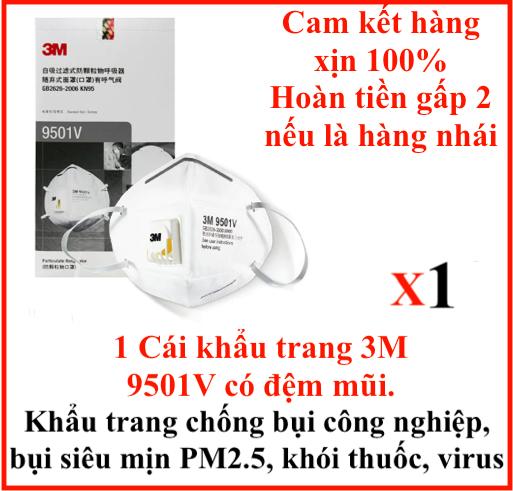 Túi 1 cái khẩu trang chống bụi 3M 9501V Hoặc 9501V+ tiêu chuẩn KN 95 có van 1 chiều lọc mùi hôi, lọc độc, kháng khuẩn, chống bụi siêu mịn PM2.5