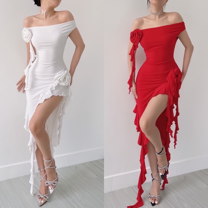 Đầm Hoa Tua Rua Lệch Vai Vạt Xéo