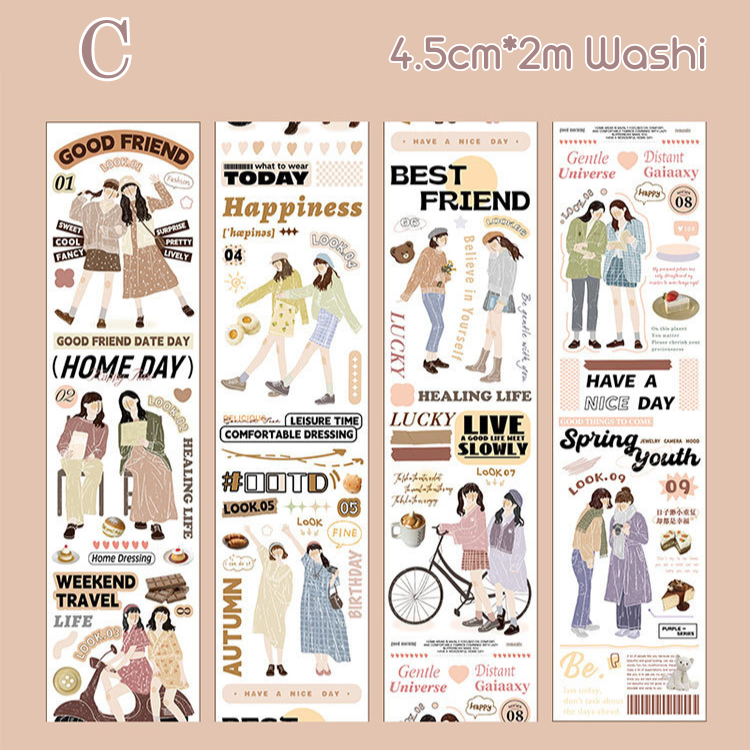 Washi Tape 2M Korean Basic INS 4 Styles Character Romantic Life Work Journal Diary Tape Decoration