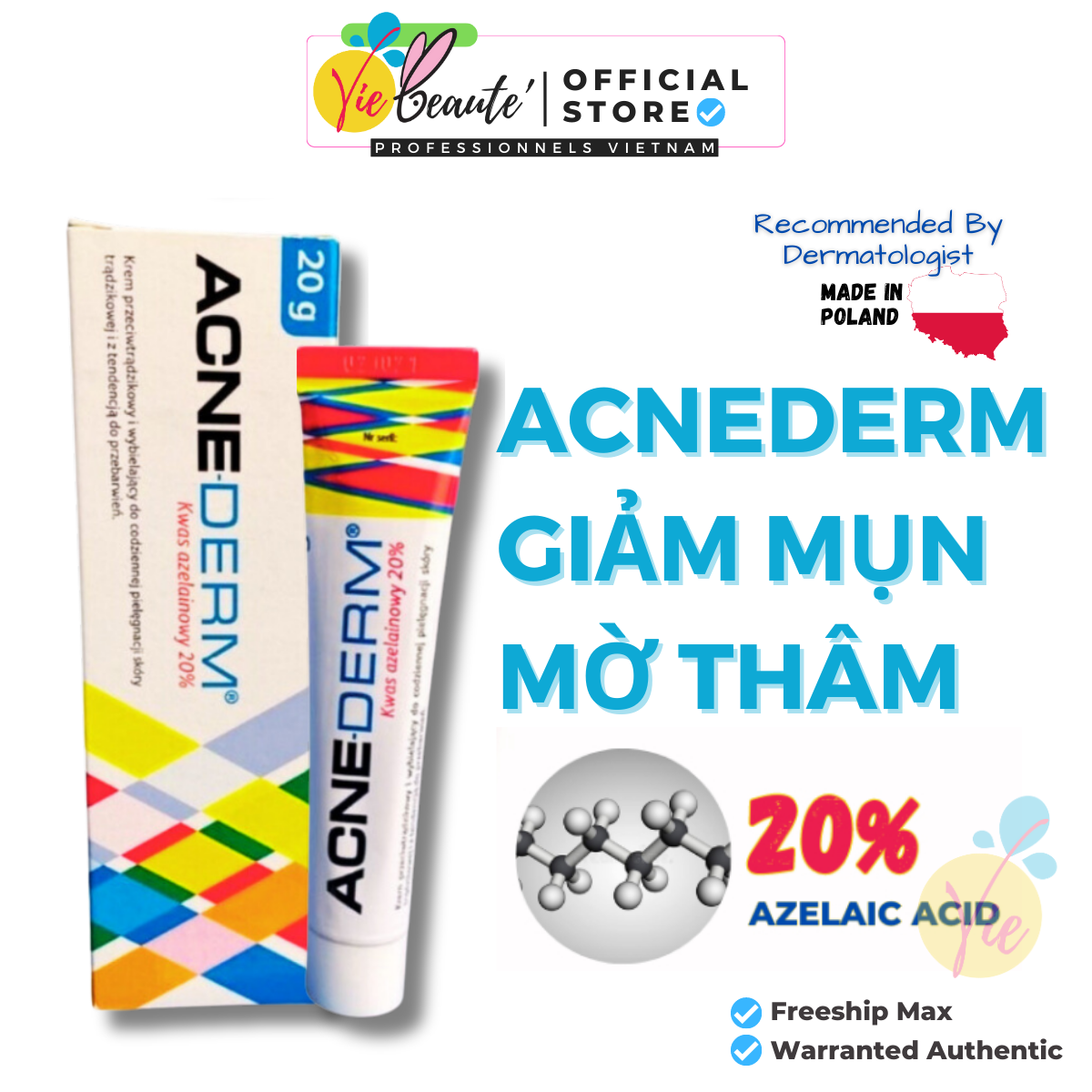 Acne Derm - Kem giảm mụn, mờ thâm Acne Derm Kwas Azelainowy 20% dưỡng da ẩm mịn