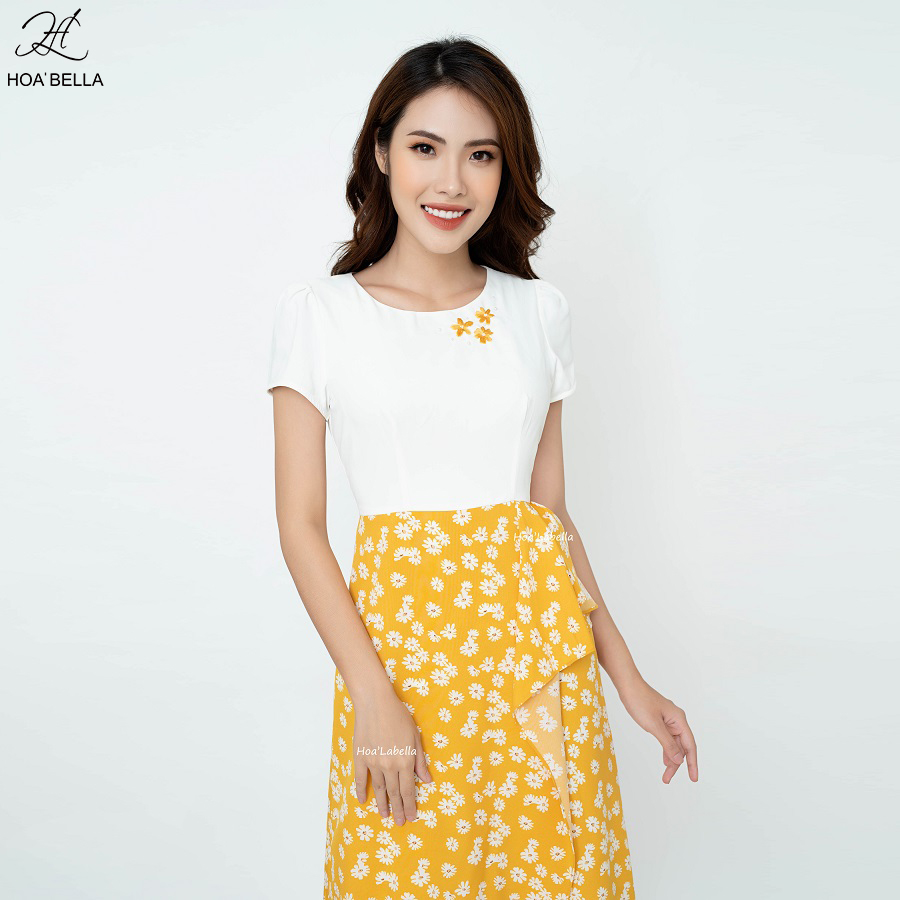 Đầm Liền HOABELLA Hoa Cúc Thắt Nơ Eo Chất Lụa Siêu Xinh (MD21)