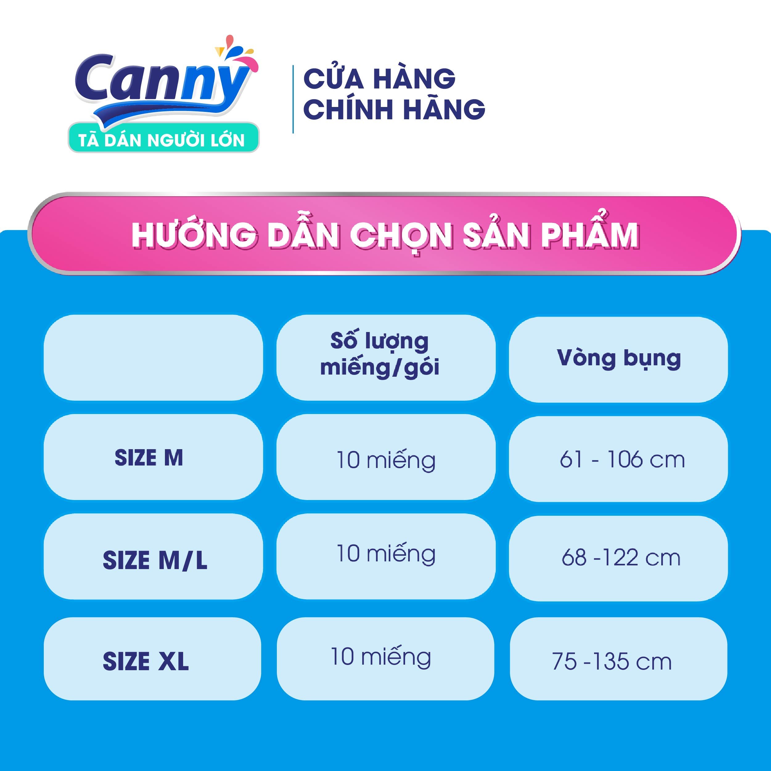 Tã Dán Người Lớn Canny Siêu Mềm, Siêu Thấm, Kháng Khuẩn Size M/L/XL (10 Miếng)