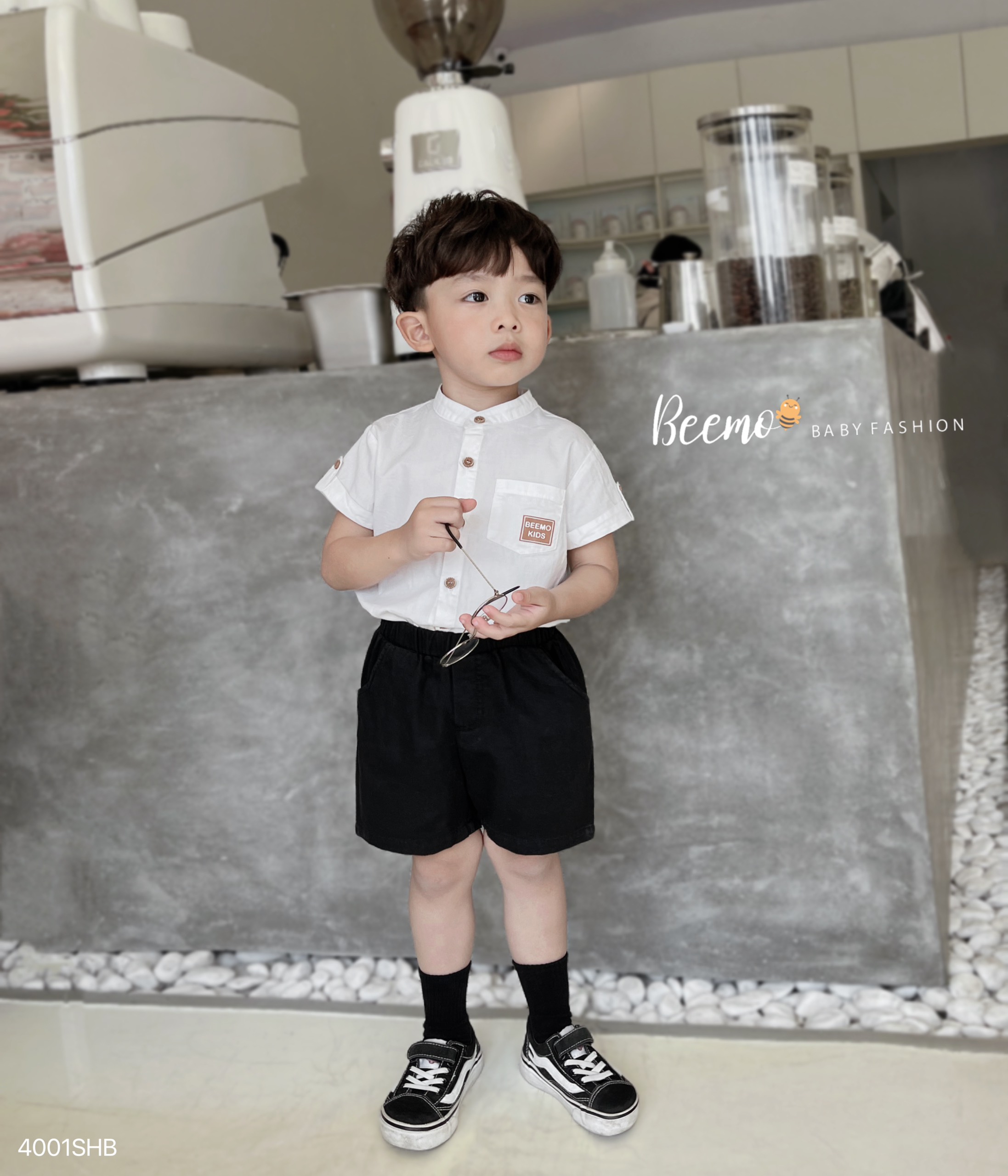 Set bộ sơ mi cộc cổ tàu phối túi mác Beemo Kids vải thô hàn mặc đi chơi, sự kiện cho bé trai từ 9-25kg 4001SHB