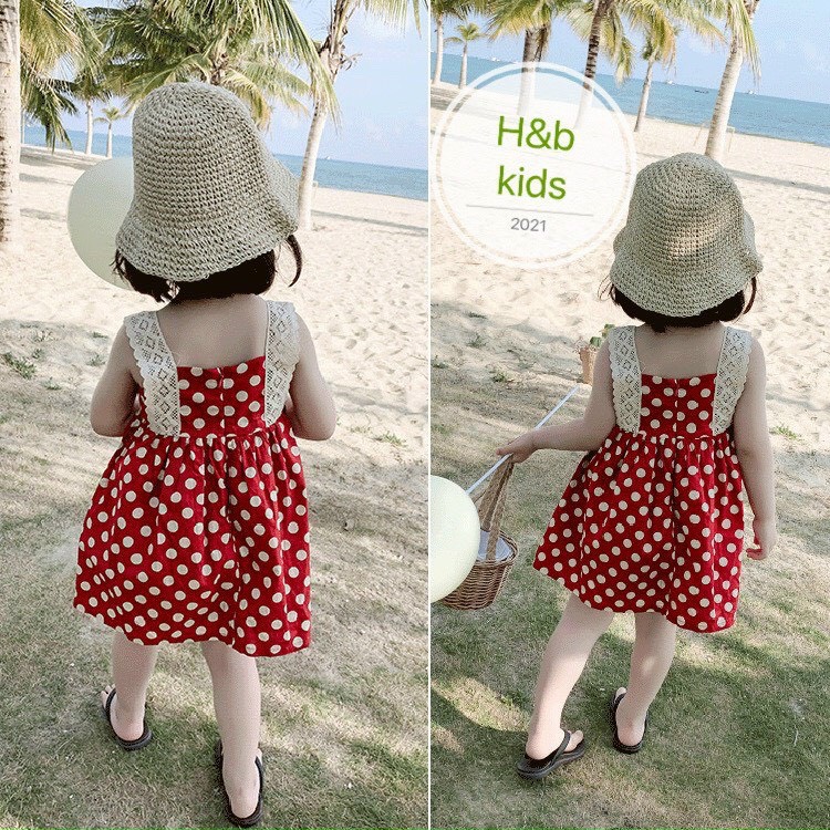 Váy lụa chấm bi đỏ hai dây cho bé gái từ 8-20kg