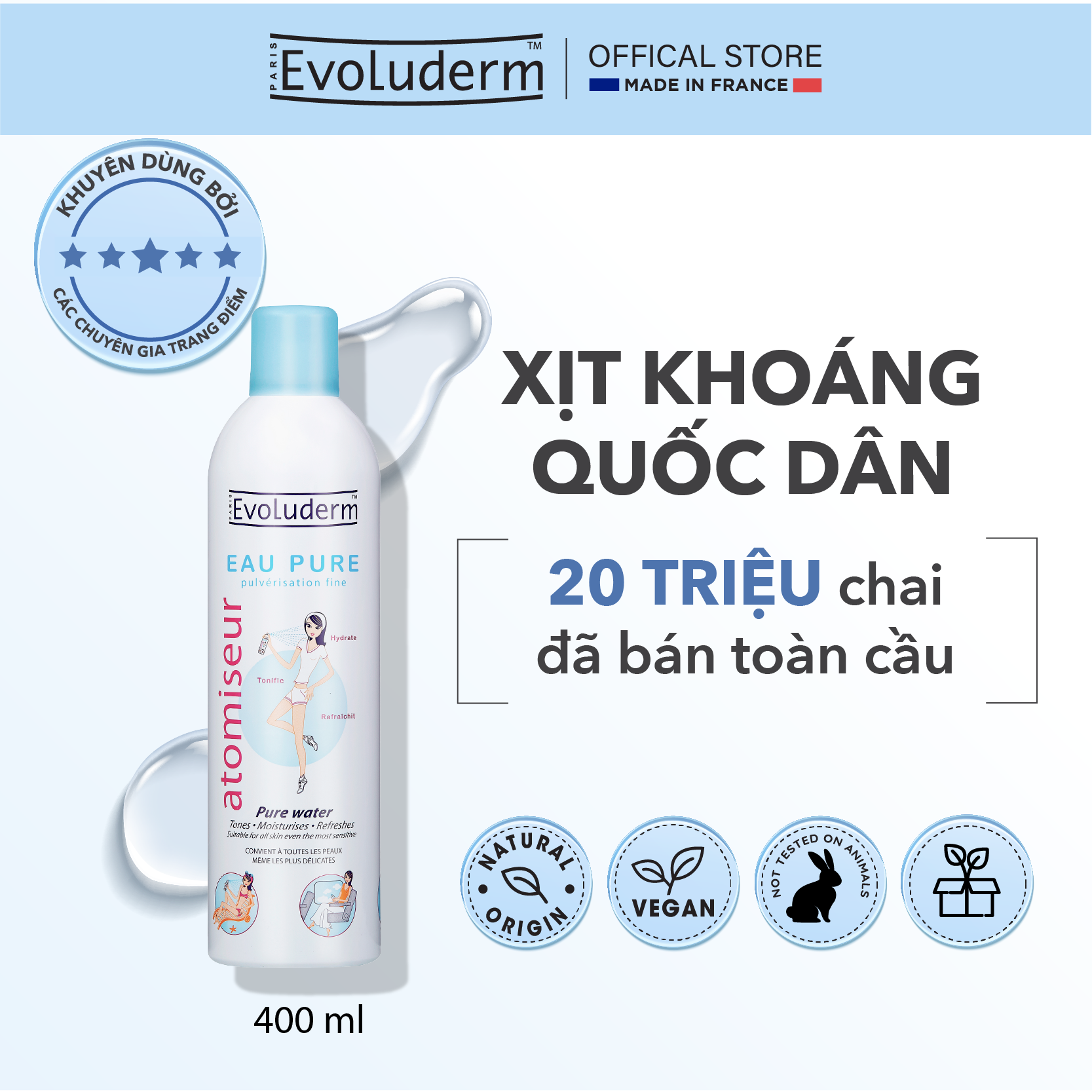 Xịt khoáng cấp ẩm làm dịu da Evoluderm 400ml