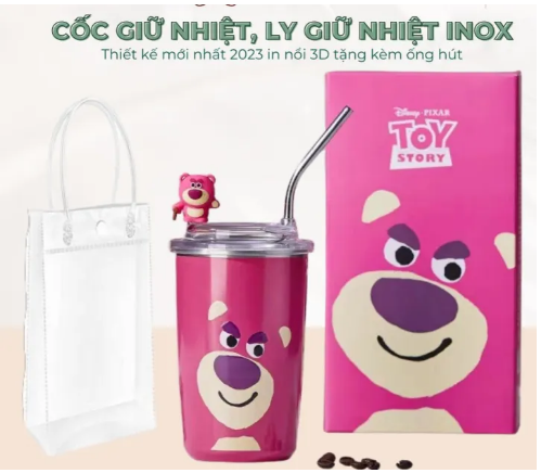 Cốc giữ nhiệt gấu dâu lotso hồng 450ml, ly giữ nhiệt inox 304 cao cấp không gỉ kèm ống hút + charm gấu cute bình nước giữ nhiệt bình giữ nhiệt bình nước bình đựng nước bình nước cho bé đi học bình nước