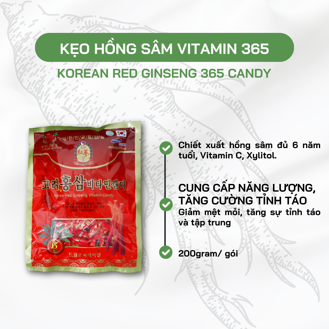 Kẹo Hồng Sâm Vitamin KHealth Hàn Quốc - Hỗ Trợ Giảm Mệt Mỏi, Giảm Say Tàu Xe