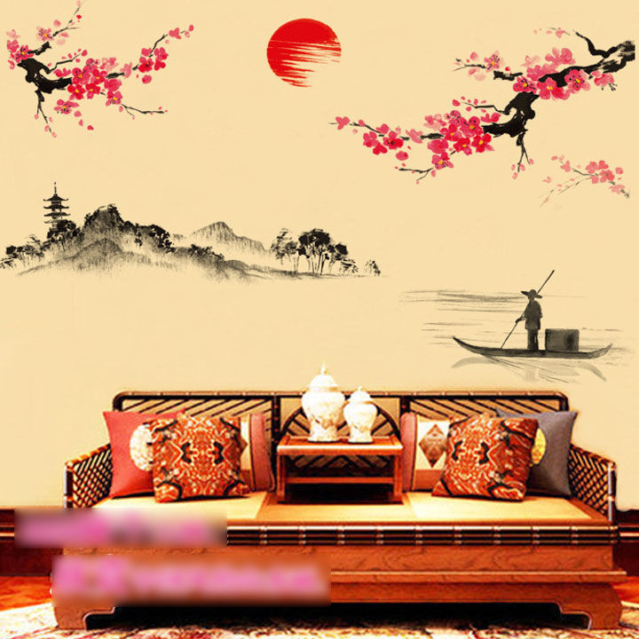 SIÊU RẺ Decal dán tường LUVINA trang trí phòng khách, phòng ngủ, phòng ăn- Đào và người lái đò